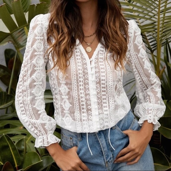 Delilah Wear Tops - White Lace  button down top